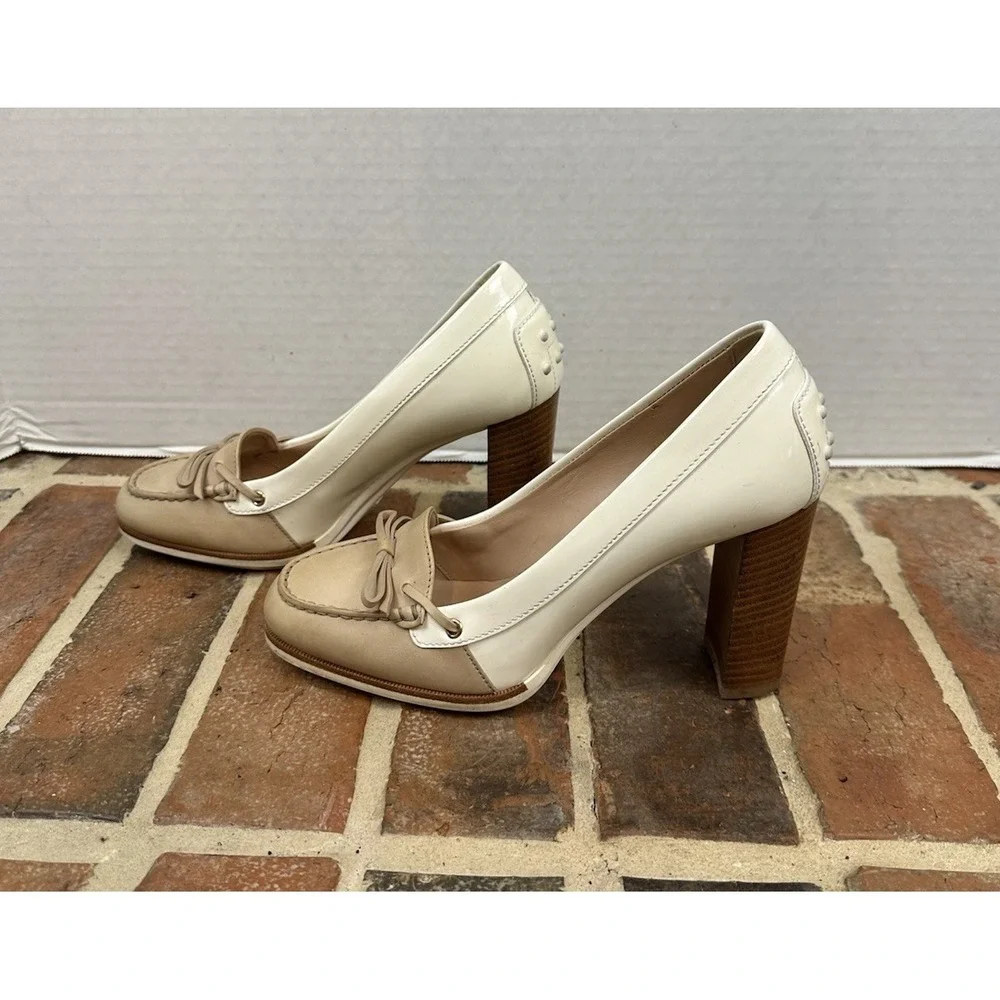 Tod's Two-Tone Leather Loafer Pumps High Stacked Heel Beige & White Women's 6